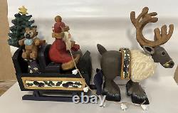 RARE! KEN KRATZ SIGNED PRIMITIVE WOOD CARVING SANTA & Reindeer DRAWN SLEIGH