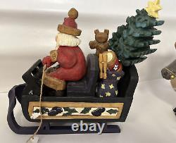 RARE! KEN KRATZ SIGNED PRIMITIVE WOOD CARVING SANTA & Reindeer DRAWN SLEIGH