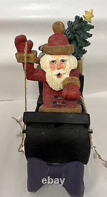 RARE! KEN KRATZ SIGNED PRIMITIVE WOOD CARVING SANTA & Reindeer DRAWN SLEIGH