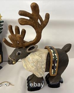 RARE! KEN KRATZ SIGNED PRIMITIVE WOOD CARVING SANTA & Reindeer DRAWN SLEIGH