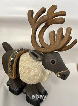 RARE! KEN KRATZ SIGNED PRIMITIVE WOOD CARVING SANTA & Reindeer DRAWN SLEIGH