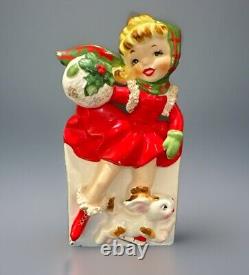 RARE VTG Relpo Christmas Ice Skating Girl & Puppy Planter Japan 1950s