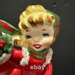 RARE VTG Relpo Christmas Ice Skating Girl & Puppy Planter Japan 1950s