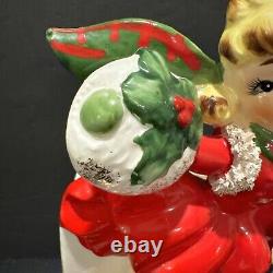 RARE VTG Relpo Christmas Ice Skating Girl & Puppy Planter Japan 1950s