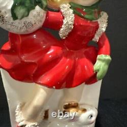 RARE VTG Relpo Christmas Ice Skating Girl & Puppy Planter Japan 1950s