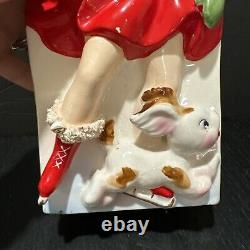 RARE VTG Relpo Christmas Ice Skating Girl & Puppy Planter Japan 1950s