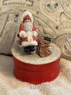 Rare Antique German Christmas Santa Claus Candy Box Container Mica Snow