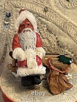 Rare Antique German Christmas Santa Claus Candy Box Container Mica Snow