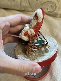 Rare Antique German Christmas Santa Claus Candy Box Container Mica Snow