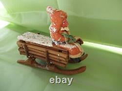 Rare Antique Germany Santa Felt In Wood Sled Candy Container