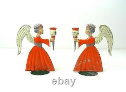 Rare Small Original Pair German Antique Christmas Angeles Candle Holders 1890