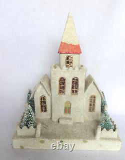 Rare Vintage Cardboard Putz White Church Coconut Trim 4 Trees Steeple Japan 6