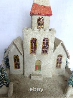 Rare Vintage Cardboard Putz White Church Coconut Trim 4 Trees Steeple Japan 6