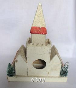 Rare Vintage Cardboard Putz White Church Coconut Trim 4 Trees Steeple Japan 6