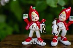 Rare Vtg 50s Christmas Santa Pixie Girl NOEL Skier Letters Candle Holders Japan