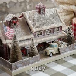 Red American Farm Farmhouse with Pickup Truck Christmas Village House