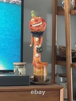 Retired Debra Schoch Halloween Pumpkin Girl Paper Mache With Black Cat Bag 17.5H