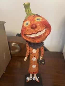 Retired Debra Schoch Halloween Pumpkin Girl Paper Mache With Black Cat Bag 17.5H