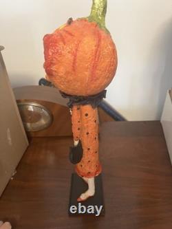 Retired Debra Schoch Halloween Pumpkin Girl Paper Mache With Black Cat Bag 17.5H