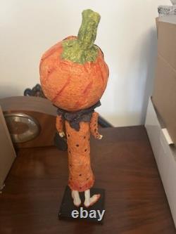 Retired Debra Schoch Halloween Pumpkin Girl Paper Mache With Black Cat Bag 17.5H
