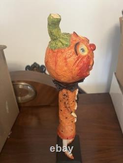 Retired Debra Schoch Halloween Pumpkin Girl Paper Mache With Black Cat Bag 17.5H