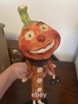 Retired Debra Schoch Halloween Pumpkin Girl Paper Mache With Black Cat Bag 17.5H