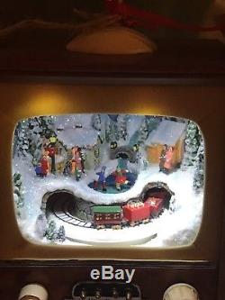Retro TV Television with Train Animated, Lighted Music Box plays 8 Christmas Songs