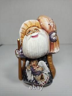 Russian Hand Carved & Painted Wood Santa Claus Christmas Figurine Angel Silver