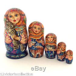 Russian Nesting DOLL Girl with a Cat Hand Carved Hand Painted Babushka