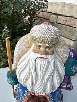 Russian SANTA & Bear Wooden Hand Carved Hand Painted Village SIGNED by artist