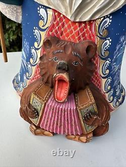 Russian SANTA & Bear Wooden Hand Carved Hand Painted Village SIGNED by artist