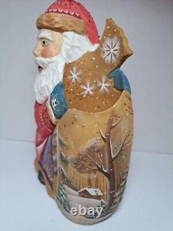 Russian Santa Wood Handcarved and Handpainted Signed 8.5 tall
