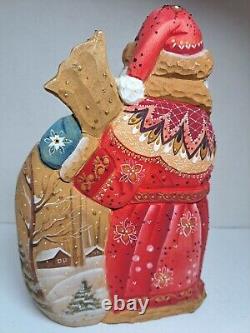 Russian Santa Wood Handcarved and Handpainted Signed 8.5 tall