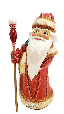 Russian Santa Wooden Hand Carved / Painted with Staff Signed 10-3/4