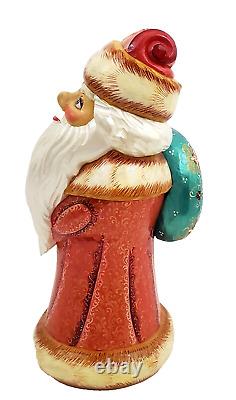 Russian Santa Wooden Hand Carved / Painted with Staff Signed 10-3/4