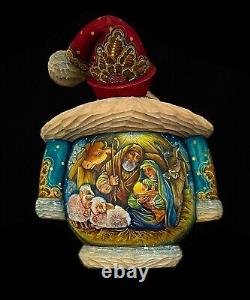 Russian Santa hand carved and painted withNativity Scene