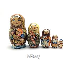 Russian Winter Girl Hand Carved Hand Painted UNIQUE Nesting Doll Set