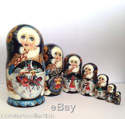 Russian Winter Troika Nesting DOLL Hand Carved Hand Painted Babushka Collectible