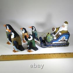 Russian Wood Carved SANTA SLEIGH pulled by PENGUINS hand-painted artist signed