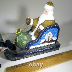 Russian Wood Carved SANTA SLEIGH pulled by PENGUINS hand-painted artist signed