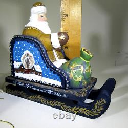 Russian Wood Carved SANTA SLEIGH pulled by PENGUINS hand-painted artist signed