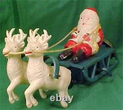 Santa Claus on Sleigh Windup Toy Celluloid Christmas Reindeer Bell Works Vintage