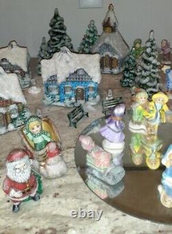 Set 40 plus Vintage Ceramic Christmas Village Buildings, Trees, + Hand Painted