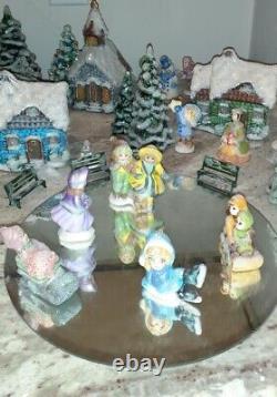 Set 40 plus Vintage Ceramic Christmas Village Buildings, Trees, + Hand Painted