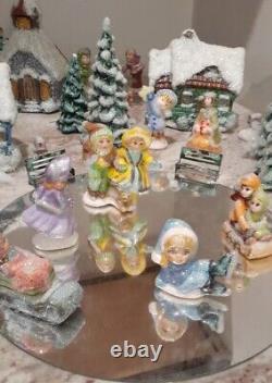 Set 40 plus Vintage Ceramic Christmas Village Buildings, Trees, + Hand Painted