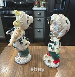 Set Of 2 Vintage Geo Z Lefton Chrismas Carolers 5 with Holly Signed MCM 1950's