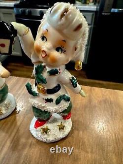 Set Of 2 Vintage Geo Z Lefton Chrismas Carolers 5 with Holly Signed MCM 1950's