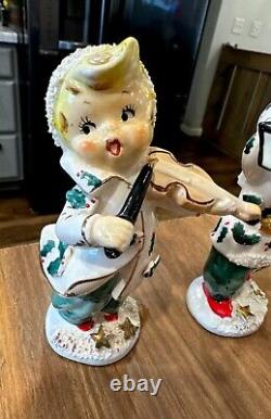 Set Of 2 Vintage Geo Z Lefton Chrismas Carolers 5 with Holly Signed MCM 1950's