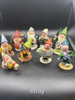 Set Of 9 Vintage Pinecone Elves, Germany, Putz, Paper Mache