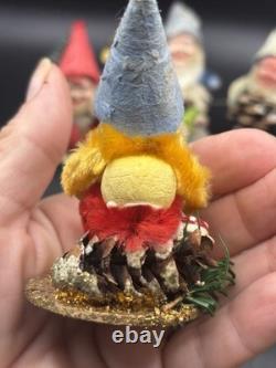 Set Of 9 Vintage Pinecone Elves, Germany, Putz, Paper Mache